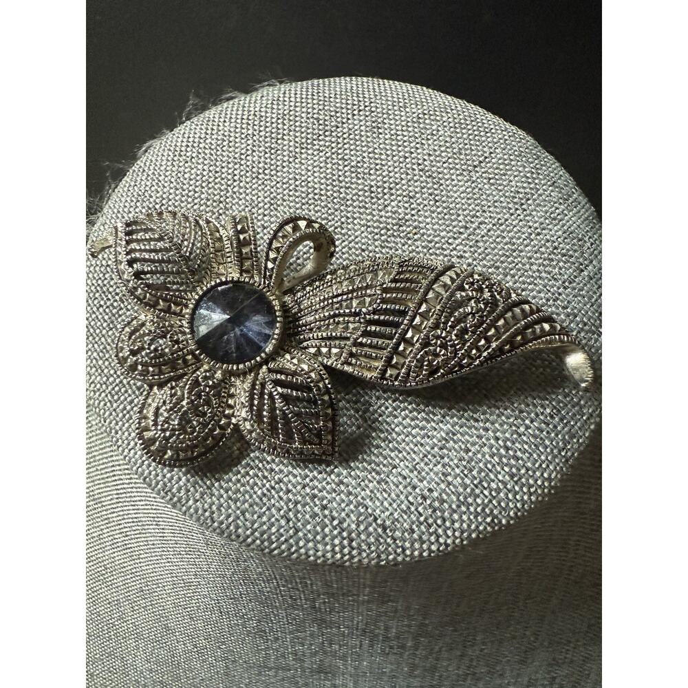 Vintage Rhinestone Marcasite Silver Tone Brooch Floral Filagree Scarf Lapel Pin